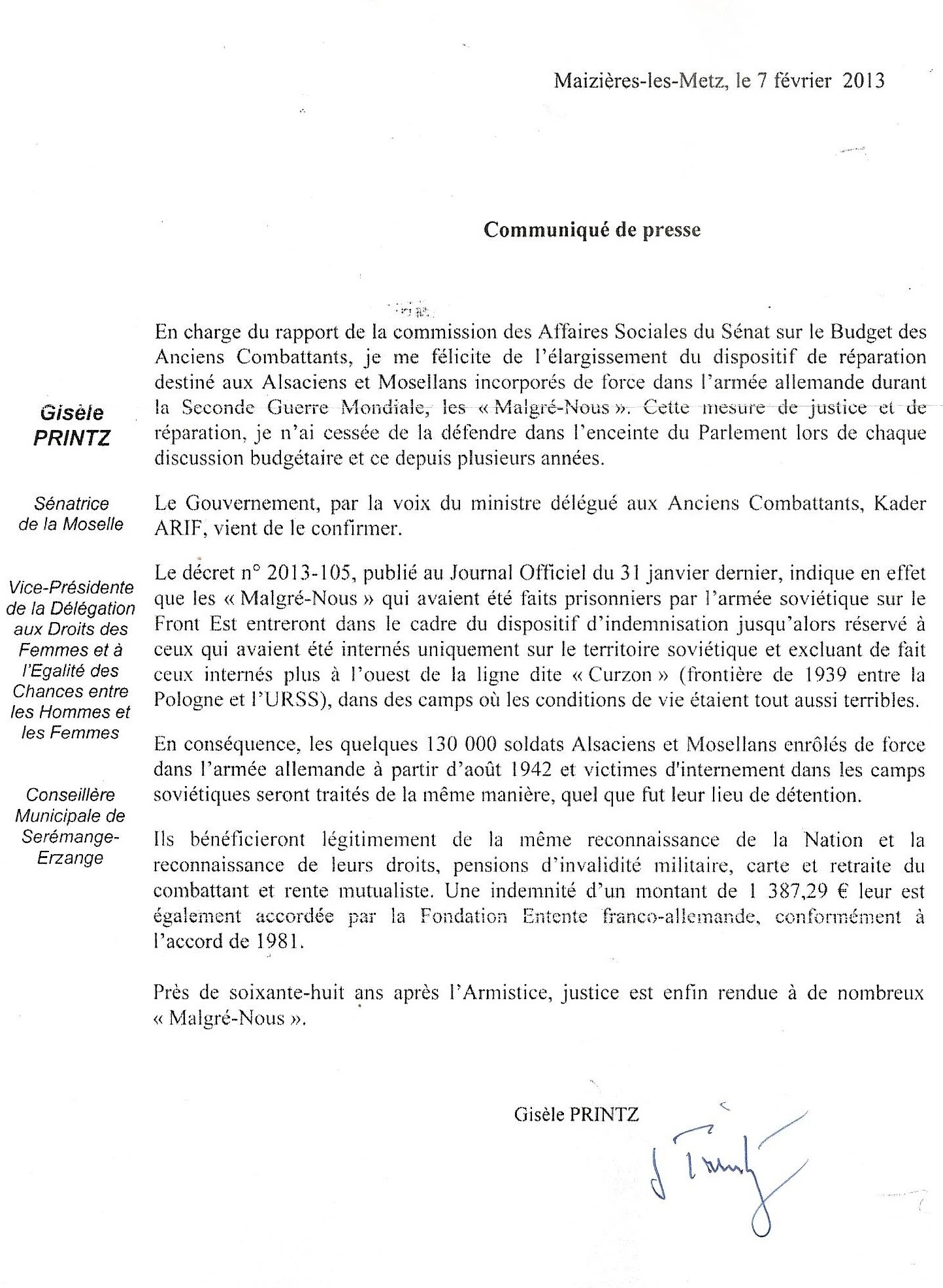 Printz Gisèle Communiqué de Presse