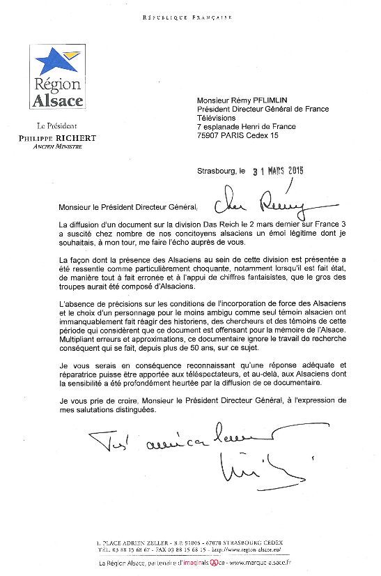 Lettre de Philippe Richert, président de la Région Alsace, à Rémy Pflimlin, président directeur général de France Télévisions